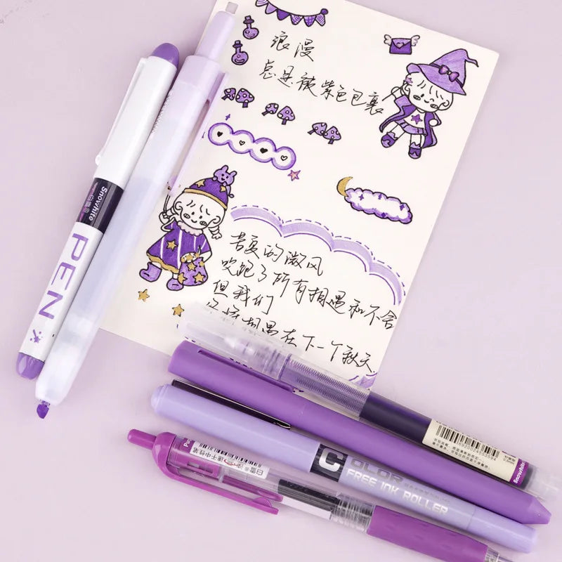 Roller Pen Purple Pink Green Color Ink Straight Liquid Gel Pen Ballpoint Pen for School Office Stationery Kawaii 6pcs/set