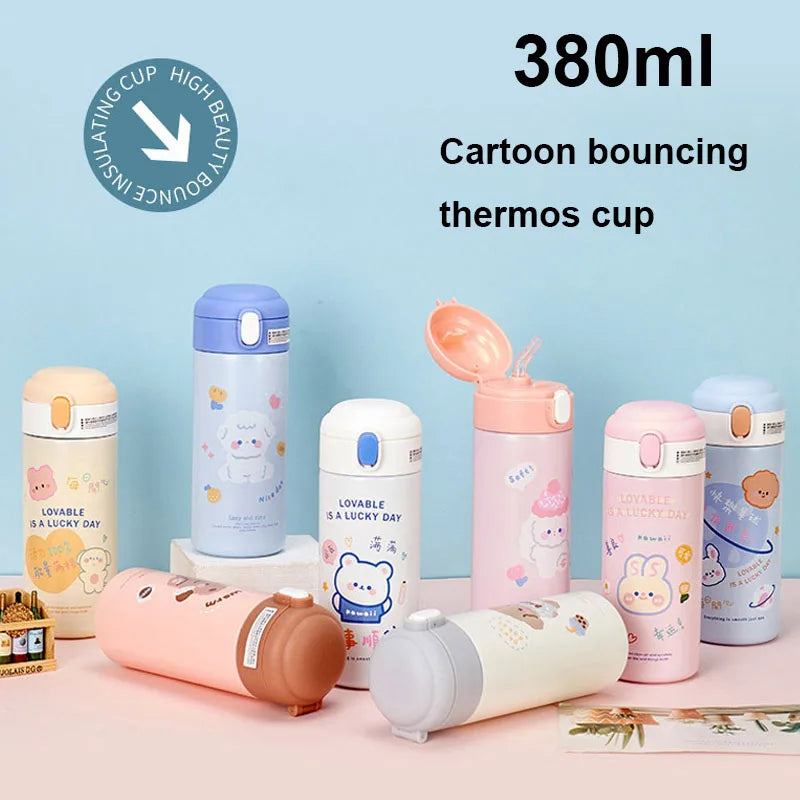 380ml Cute Cartoon Thermos Cup Stainless Steel Bouncing Cover Straw Mini Vacuum Flask Outdoor Water Bottle