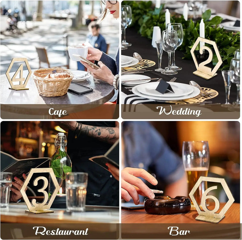 Wooden Table Numbers Wedding Table Numbers with Holder Base Hexagon Shape Standing Decor for Party Reception from 1 to 40