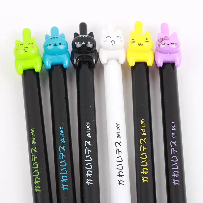 6Pcs/lot Kawaii  Black Cat Tail Gel Pen 0.5mm Color Cats Press Style Automatic Pen for Writing Office Stationery School Supplies