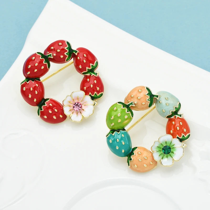 Wuli&baby Enamel Strawberry Brooches For Women 2-color Charming Fruits Circle Party Casual Brooch Pin Gifts
