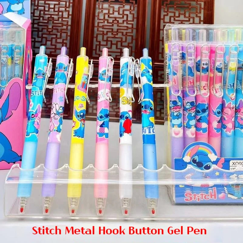 Disney 12pcs Gel Pens Cartoon Stitch New Pressing Pen Black Water Ink 0.5mm Cute Signature Pen Stationery Student Birthday Gift