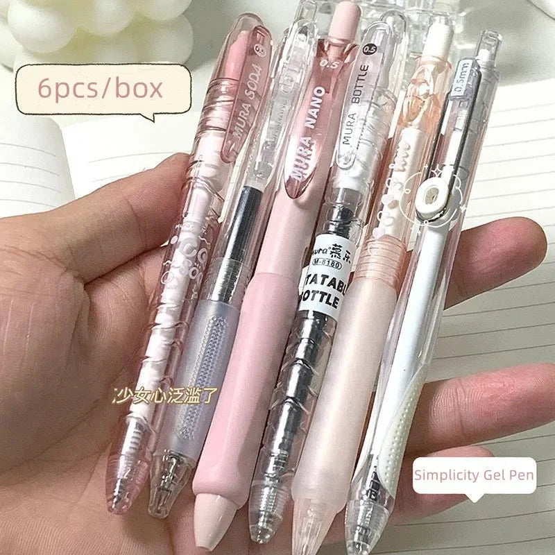 6pcs/set Simplicity Gel Pen for Student Korean Fashion White Transparent Color Stationery Gel Pen 0.5mm Black Ink Scrapbook Pen