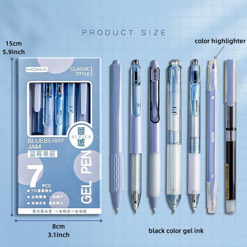 7pcs Writing Pens Set 0.5mm Ballpoint Black Color Gel Ink & Color Highlighter Marker School Office A7512