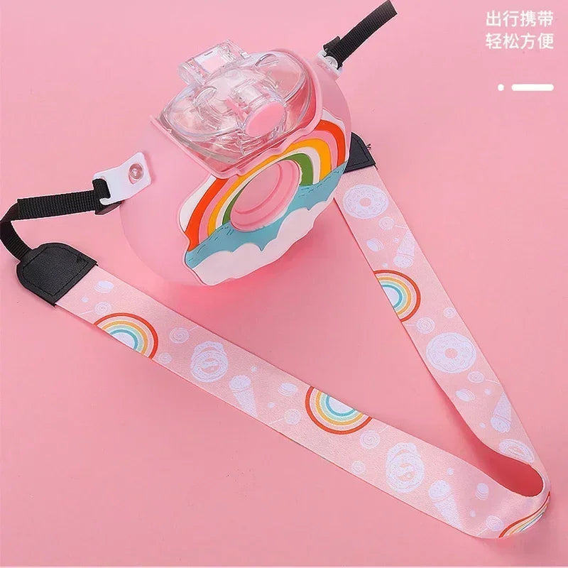 380ML Donut Shape Cup Kids Feeding Cup with Straws Lovely Donuts Shape Water Cups Cartoon Leakproof Outdoor Water Bottle