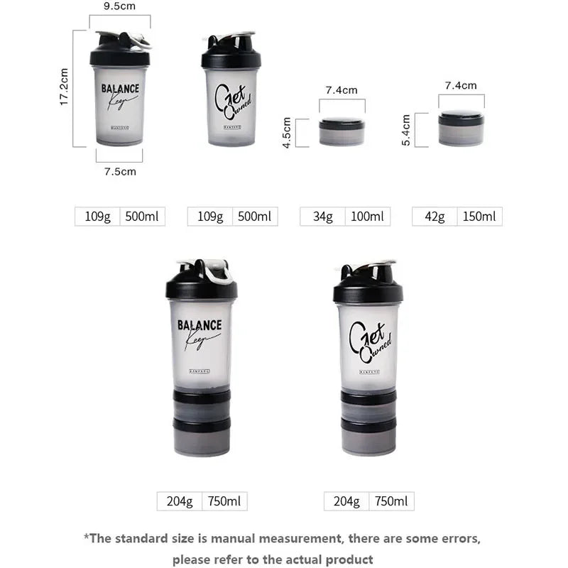 3 Layers Shaker Protein Bottle Powder Mixing Cup 500ml Large-capacity Portable Water Bottle Gym Bodybuilding Sports Bottle