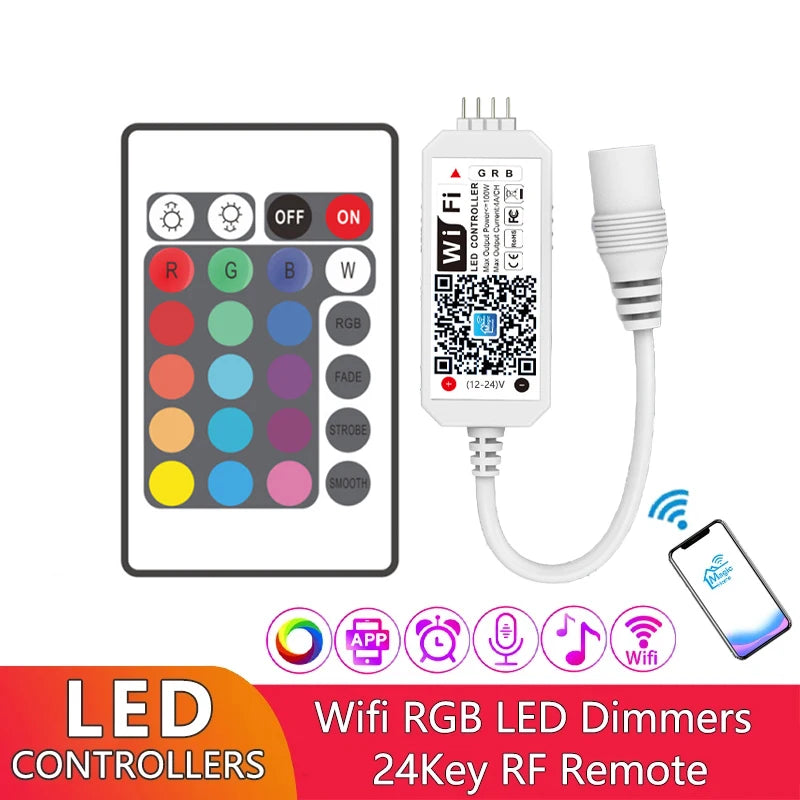 Smart LED WiFi Controller Wireless 24 Key RF Remote Control for RGB BGR RGB LED Strips Support Voice Control Timing Music Mode
