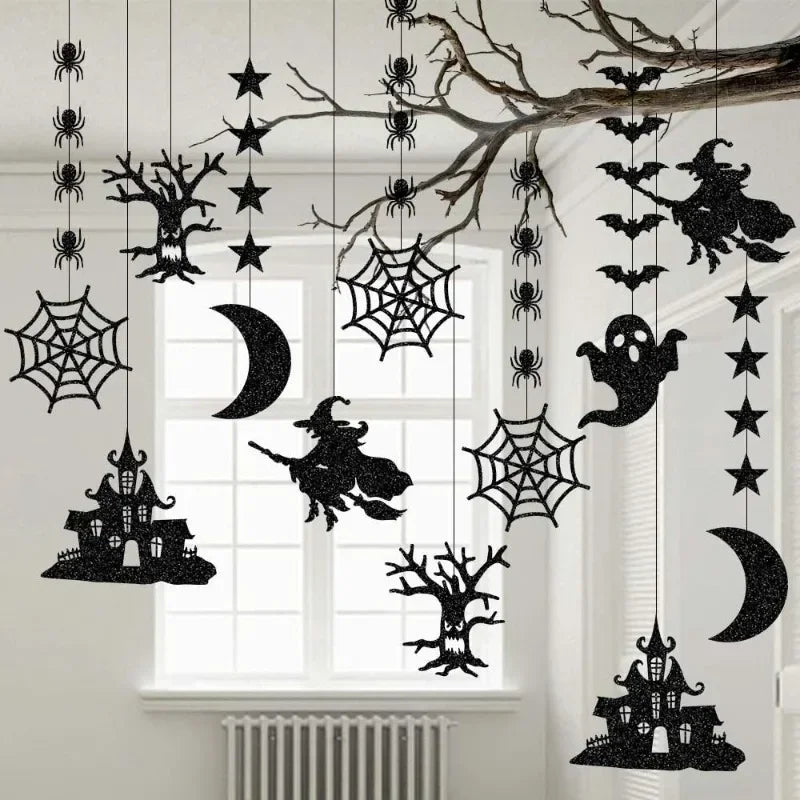 6pcs Halloween Hanging Banner Garland Scary Spider Witch Ghost Bat Pendant Ornament Happy Halloween Party Decorations for Home