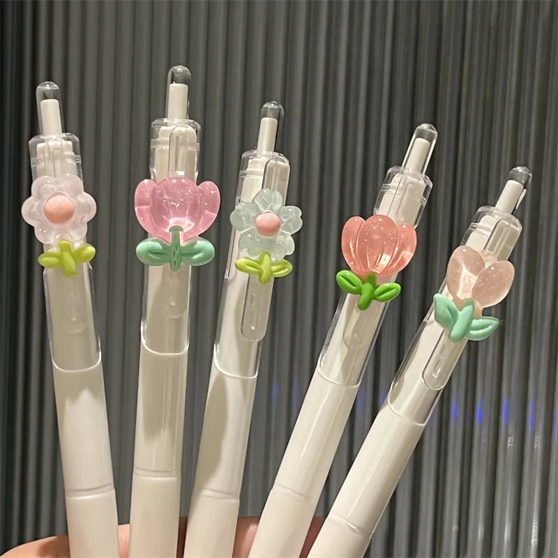 3pcs Cute Pens Kawaii Flower Gel Pen Quick-Drying Black Ink ST Nib Aesthetic Stationery Supplies Japanese Kawaii Pens