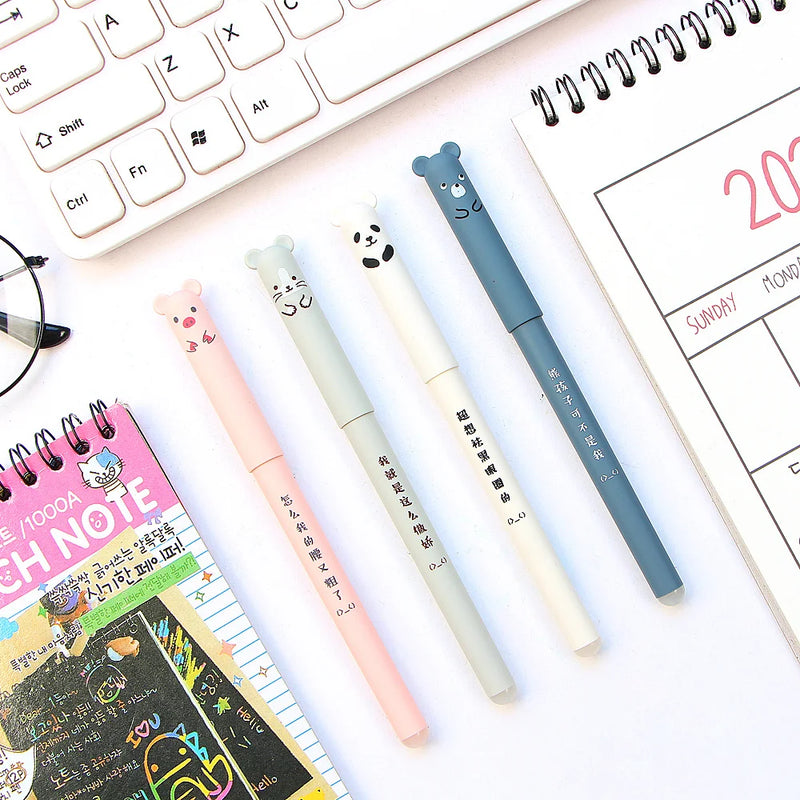 4 Pcs/lot Cartoon Animals Erasable Pen 0.35mm Cute Panda Pig  Kawaii Gel Pens for School Writing Novelty Stationery Girls Gifts