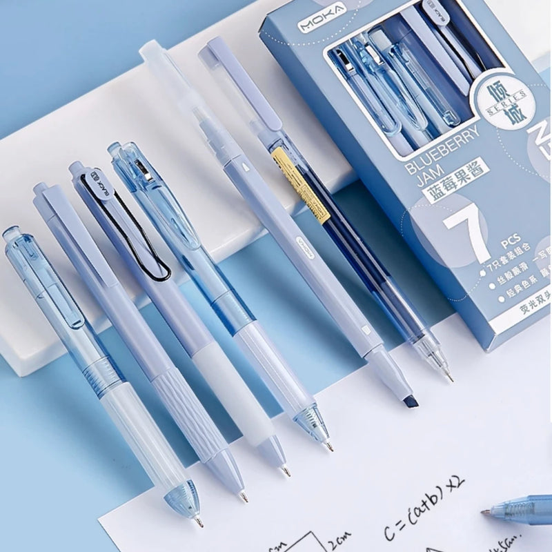 7pcs Writing Pens Set 0.5mm Ballpoint Black Color Gel Ink & Color Highlighter Marker School Office A7512